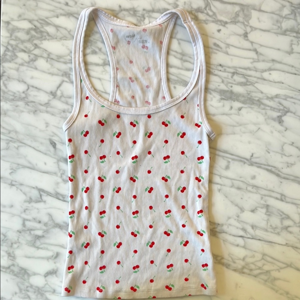 Aerie White Tank Top with Cherry Print